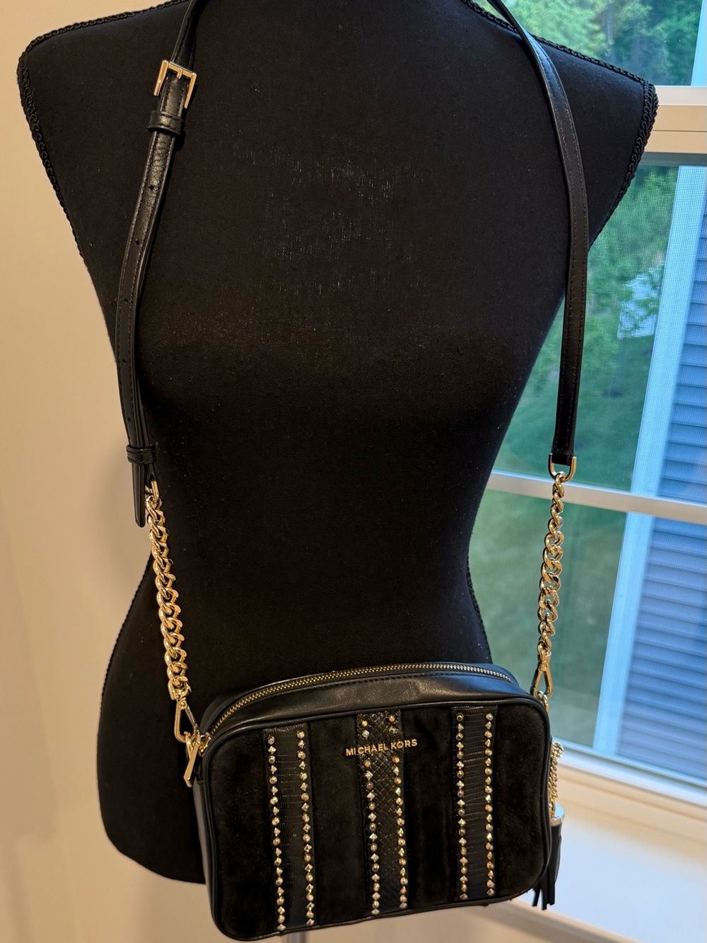 Michael Kors Black Suede Studded Crossbody Bag Gold Chain Tassel Leather